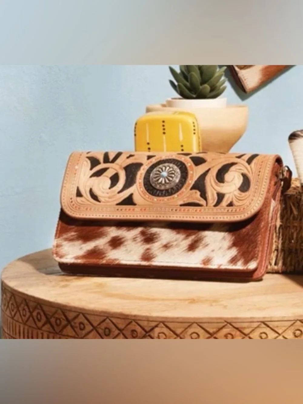 Western Tooled Leather & Hair-On Crossbody Clutch in Tan and White